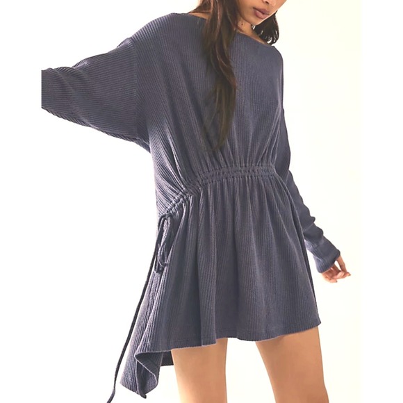 Free People Josie Gray Waffle Knit Cinch Thermal Tunic Top Dress Large L Boho - Picture 9 of 10